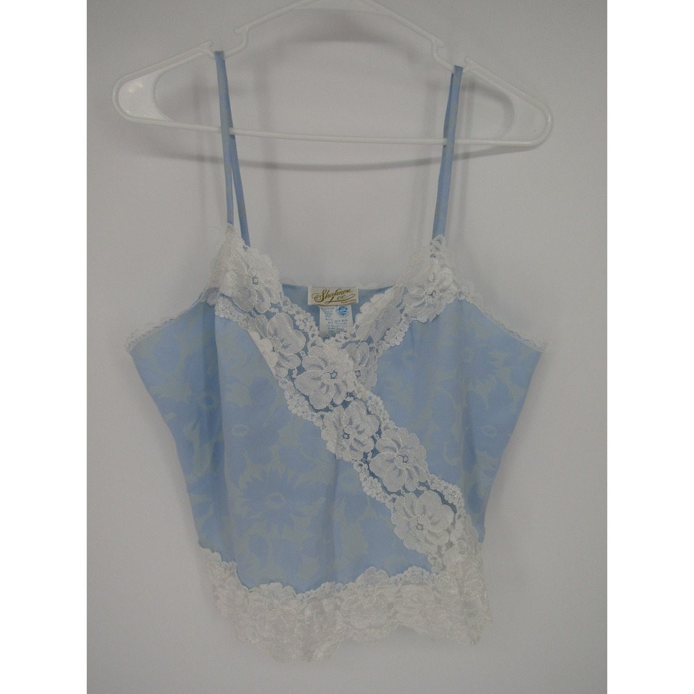 Shannon Lee Camisole Top Medium Blue Floral Lace Trim Vintage 90s Satin Lingerie